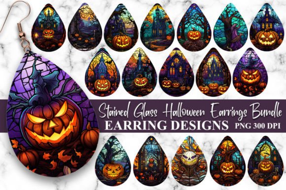 Stained Glass Halloween Earrings Bundle: Spooky Elegance in High-Resolution PNGs